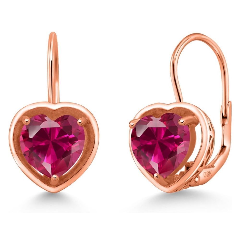 18K Rose Gold 925 with 2.26 Cttw 7MM Ruby Heart Leverback Drop Earrings